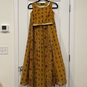 Mustard Sequin Floral Crop Top and Mustard Floral Panelled Lehenga Skirt